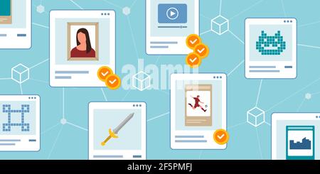 Mercato NFT con articoli di crittografia in vendita e blockchain in lo sfondo Illustrazione Vettoriale