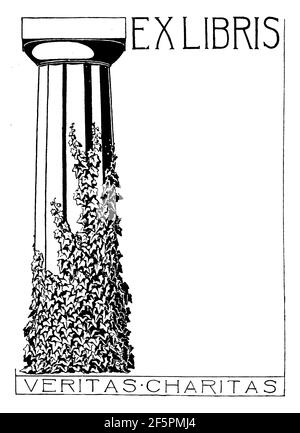 ivy crescente colonna di disegno di bookplate con motto veritas charitas (la verità è carità) da artista tedesco Alfred Oppe, dal 1901 lo Studio an Illust Foto Stock