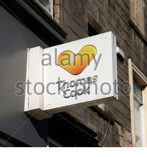 Cartello dell'agente di viaggio Thomas Cook, Edimburgo, Scozia Foto Stock