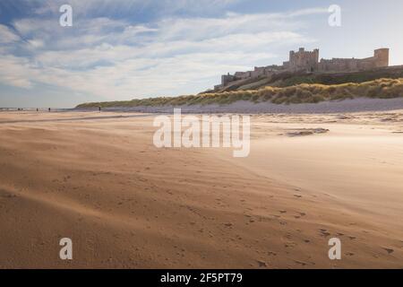 Vista dello storico Castello di Bambburgh dalla spiaggia sabbiosa di Banmburgh, spazzata dal vento, sulla costa nord-orientale dell'Inghilterra, Northumberland. Foto Stock
