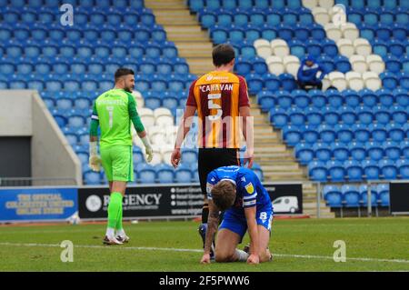 Colchester, Regno Unito. 27 marzo 2021. Il Colchesters Harry Pell perde occasione durante la partita Sky Bet League 2 tra Colchester United e Bradford City al Weston Homes Community Stadium di Colchester sabato 27 marzo 2021. (Credit: Ben Pooley | MI News) Credit: MI News & Sport /Alamy Live News Foto Stock