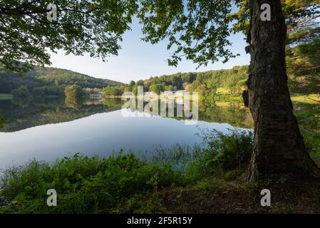 La luce del pomeriggio splende sulle cime dell'Otter Lodge lungo la Blue Ridge Parkway vicino a Bedford, Virginia. Abbott Lake era ancora perfettamente in grado di consentire uno specchio r Foto Stock