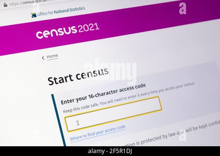La pagina iniziale del sito web online sullo schermo di un computer portatile per il censimento del Regno Unito 2021, organizzato dall'Ufficio per le statistiche nazionali Foto Stock