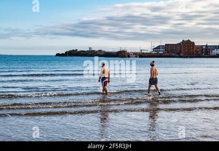 Due nuotatori maschi selvatici o in mare aperto con bauli da nuoto entrano nel Firth of Forth Sea a West Bay, North Berwick, East Lothian, Scozia, Regno Unito Foto Stock