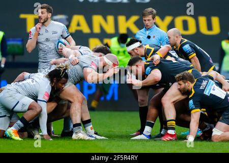 Coventry, West Midlands, Regno Unito. 27 marzo 2021; Ricoh Arena, Coventry, West Midlands, Inghilterra; Inglese Premiership Rugby, Wasps contro gli squali di vendita; UNA mischia si prepara a coinvolgere Credit: Action Plus Sports Images/Alamy Live News Foto Stock