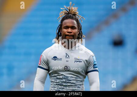 Coventry, West Midlands, Regno Unito. 27 marzo 2021; Ricoh Arena, Coventry, West Midlands, Inghilterra; Inglese Premiership Rugby, Wasps contro gli squali di vendita; Marland Yarde degli squali di vendita Credit: Action Plus Sports Images/Alamy Live News Foto Stock