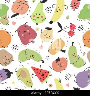Frutta e verdura disegnate a mano senza cuciture. Cute stampa estiva infantile. Sorridenti personaggi cartoni animati. Illustrazione vettoriale per tessuto, carta Illustrazione Vettoriale