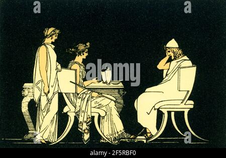 Questa illustrazione del 1880 accompagnò un libro su Omero e le sue epiche, l'Iliade e l'Odissea. Mostra la scena con l'eroe greco Odysseus (Ulisse) alla tavola di Circe. Secondo l'antica mitologia greca, Circe era una nota incanto. Figlia di Helios, cambiò i compagni di Odysseo in porco. Odysseus fece rompere il incantesimo al Circe. Foto Stock