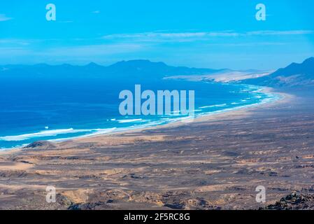 Veduta aerea della spiaggia di Cofete a Fuentevertura, Isole Canarie, Spagna. Foto Stock