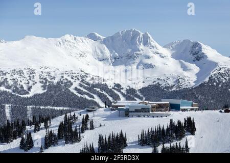 Montagne innevate, Blackcomb e stazione sciistica di Whistler nella Columbia Britannica, Canada. Foto Stock