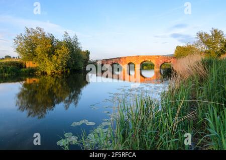 Eckington Bridge si riflette nel fiume Avon nella luce dorata del tramonto nel Worcestershire, Inghilterra Foto Stock