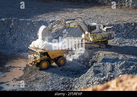 Le condizioni polverose come scavatrice carica dumper con minerale a. Miniera d'oro nell'Australia occidentale Foto Stock