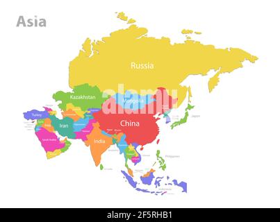 Mappa Asia, separa i singoli stati con i nomi, mappa colori isolata su vettore di sfondo bianco Illustrazione Vettoriale