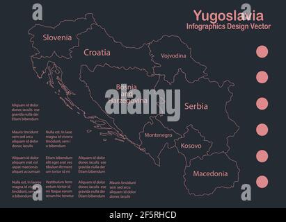 Infografica Mappa Iugoslavia contorno, disegno piatto, colore blu arancione vettore Illustrazione Vettoriale