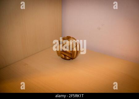 Primo piano di un teaser di cervello di legno su sfondo bianco. Foto Stock