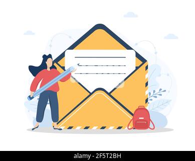 Contattaci idea. La giovane donna con matita compila il modulo di feedback online dei clienti. Illustrazione vettoriale in stile cartoon piano Illustrazione Vettoriale