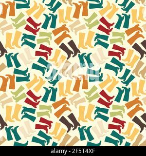 Texture senza cuciture, motivo su sfondo quadrato - scarpe di colori diversi. Stivali in gomma o pelle. Illustrazione. Styling sul tema della moda a. Illustrazione Vettoriale