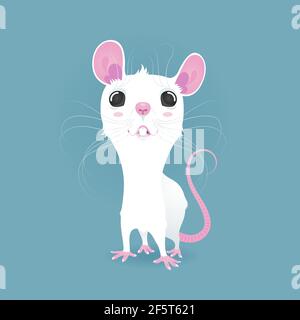 The cute white rat is drawn in cartoon style looks at you with big black eyes it also has pink ears, nose, tail, and paws. Illustrazione Vettoriale