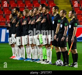 L-R, Dries Mertens del Belgio, Romelu Lukaku del Belgio, Nacer Chadli del Belgio, Youri Tielemans del Belgio, Il belga Jason Denayer, il belga Kevin De Foto Stock