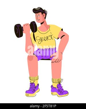 Giovane uomo che fa esercizi sportivi con manubri, fumetto piatto illustrazione vettoriale isolato su sfondo bianco. Uomo leader sano stile di vita e fare Illustrazione Vettoriale