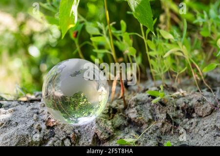 Palla di vetro sulla sabbia nell'erba verde. Concetto di ambiente, protezione della natura Foto Stock