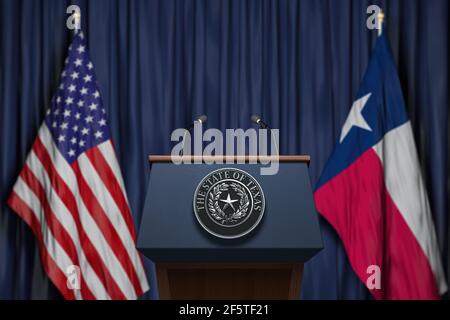 Conferenza stampa del governatore dello stato del Texas Concept. Big Seal dello stato del Texas sulla tribuna con bandiera degli Stati Uniti e Texas. illusione 3d Foto Stock