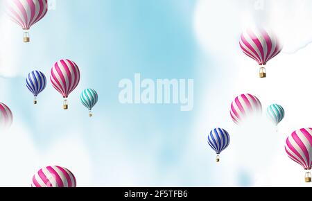 Illustrazione 3d di palloncini ad aria calda nel cielo. Astratto a strisce colorato sfondo aerostatico. Foto Stock