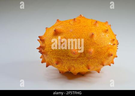 Primo piano di un Kiwano maturo (Cucumis metuliferus) O frutta di melone ornata su sfondo bianco Foto Stock