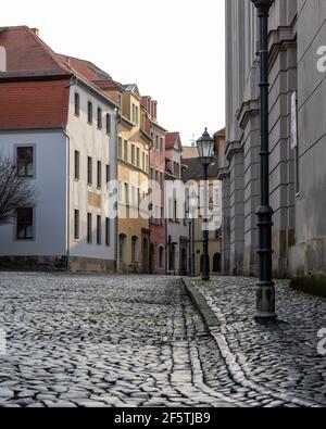 Strada di ciottoli nel centro storico di Zittau Foto Stock
