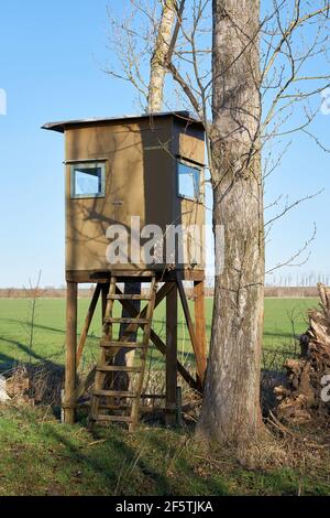 Sedile alto di un cacciatore al bordo di a. Campo vicino a Magdeburgo in Germania Foto Stock