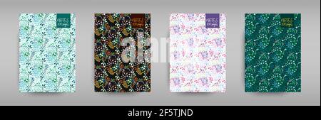 Un set di coperture per taccuini con fiori piccoli e prati estivi. Illustrazione Vettoriale