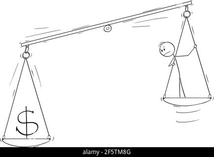 Soldi e persona su scala, concetto di capitale umano, illustrazione di figura del bastone del vettore del cartoon Illustrazione Vettoriale