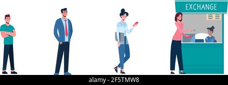 Le persone mantengono la loro distanza quando si trovano in fila presso l'ufficio di cambio valuta. Distanza di sicurezza sociale tra le persone per non diffondere il virus, coronavirus COVID-19. Uomini, donne cambiano denaro. Vettore Illustrazione Vettoriale