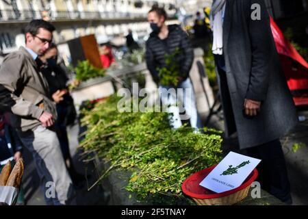 Parigi, Francia. 28 Marzo 2021. Celebrazione della Domenica delle Palme presso la Chiesa di Saint-Nicolas-du-Chardonnet a Parigi, Francia, il 28 marzo 2021. La Domenica delle Palme simboleggia l'ingresso alla settimana Santa per i cattolici. Un momento di grande fervore, che dovrà ancora una volta adattarsi al contesto sanitario. Photo by Lionel Urman/ABACAPRESS.COM Credit: Abaca Press/Alamy Live News Foto Stock