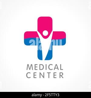 Logotipo medico. Croce più colorata in farmacia in una forma morbida. Analisi, chimica, schema di centri farmaceutici. Aiuto e assistenza sanitaria plasmano gli elementi. ISO Illustrazione Vettoriale