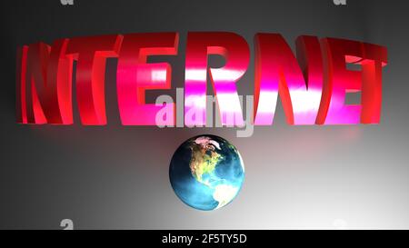 INTERNET Red Bent scrivere su sfondo nero, con Planet Earth - rappresentazione grafica 3D Foto Stock