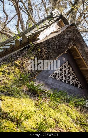 Primo piano dettaglio di una bocca a traliccio su un tradizionale tetto giapponese in legno di paglia coperto in muschio su una vecchia casa da tè a Nara, Giappone Foto Stock