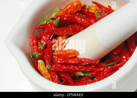 Peperoncini secchi in ciotola da grattugiare, cayenne, paprika, peperoncino, peperoni caldi, peperoni, tabasco, piri-piri, mortaio Foto Stock