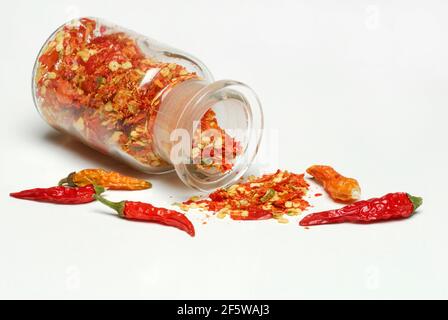 Peperoncini secchi, cayenne, paprika, peperoncino, peperoncino, pepperoni, tabasco, piri-piri Foto Stock