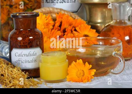 Calendula, olio di calendula (Calendula officinalis) olio di calendula, tè di calendula, unguento di calendula Foto Stock