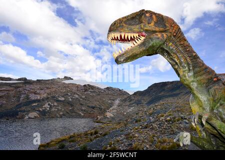 Figura a grandezza naturale di un dinosauro nel luogo più alto del mondo, Ghiacciaio Pastoruri, Cordillera Blanca, Provincia di Recuay, Perù Foto Stock