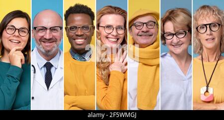 Collage di ritratti sorridenti di gruppo di età mista. Uomini e donne in occhiali. Salute vista. Emozione umana facciale positiva. Foto Stock