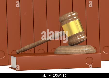 Un rendering 3D di un giudice gavel su una legge prenota sul tavolo Foto Stock