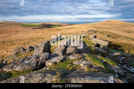 Una vista a nord lungo Belstone Ridge da Oke Tor verso, Higher Tor e Belstone Tor, Dartmoor National Park, Devon, Inghilterra, Regno Unito. Foto Stock