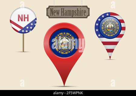 Bandiera rotonda dello stato americano del New Hampshire. Puntino mappa, marcatore mappa rosso, puntatore posizione. Cartello in legno appeso in stile vintage. Illustrazione vettoriale. Stelle americane Illustrazione Vettoriale
