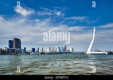 Vista di Rotterdam su Nieuwe Maas con il ponte Erasmusbrug. Rottherdam, Paesi Bassi Foto Stock