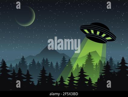 Il disegno di versione di Cartoon di UFO vola sopra la foresta, illustrazione vettoriale Illustrazione Vettoriale