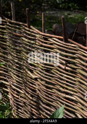 Tradizionali pannelli di recinzione tessuti a mano o hurdles realizzati con rami Hazel spesso con pali di castagno. Foto Stock