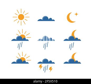 Icone meteo impostate. Simpatico semplice stile piatto icone per le previsioni del tempo. Simboli di sole, nuvola, luna, pioggia, fulmini. Illustrazione vettoriale Illustrazione Vettoriale