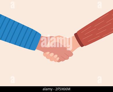 Mani agitate, simbolo di successo, felice collaborazione, greeting shake, accordo di handshaking casual. Illustrazione vettoriale in stile piatto Illustrazione Vettoriale